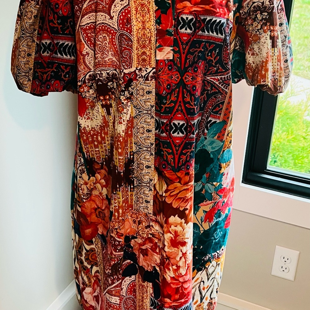 Chico's Vibrant Long Sleeve Dress - Red, Orange, Black